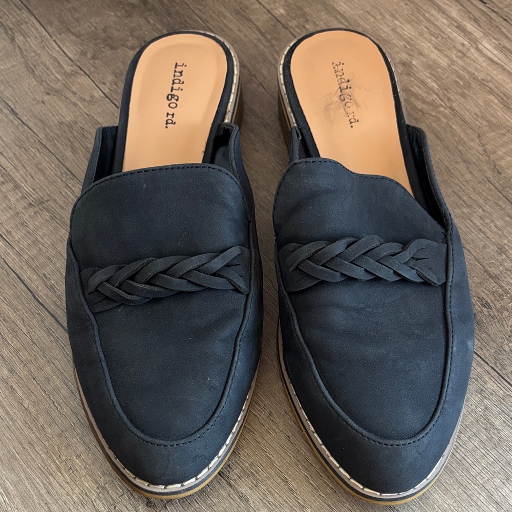 Indigo Black Braided Leather-Look Slip-On Mules